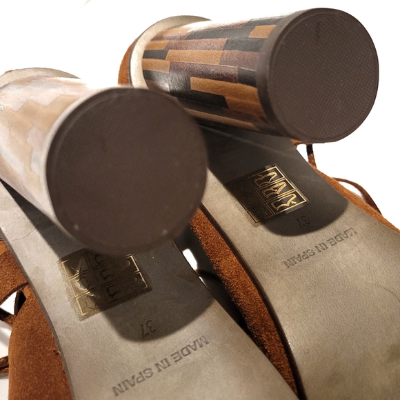 New Free People Sz 7 37 Nouvella Suede Wrap Wooden Lace Up Heels Cognac Brown - Picture 5 of 6